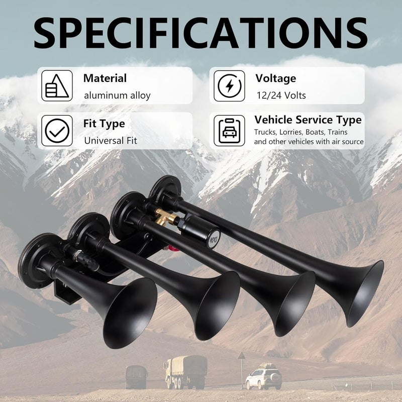 banhao Truck Air Horn 4 Trumpet Horns Train Horn Kit for Truck 12/24V 180 dB Super Loud Suitable for Pickup Motorhome SUV Trucks Train Boat(Parallel 4-Trumpet Black 12/24V) - Image 3